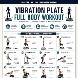 May include: A digital workout chart titled VIBRATION PLATE FULL BODY WORKOUT featuring sixteen illustrated exercises. The poster includes text instructions for each movement, icons for benefits, and silhouettes of a person using a vibration plate.