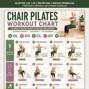 May include: A digital chair pilates workout chart featuring 16 gentle seated exercises for seniors. The chart includes text headers, numbered instructional panels with illustrations of a person performing movements, and a bonus life planning workbook.