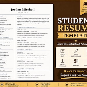 May include: A student resume template with a gold banner that reads "Student Resume Template". The resume includes sections for contact information, education, awards, skills, and volunteer experience. The template is designed for high school and college students.