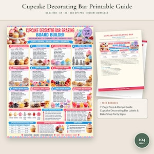 May include: A printable cupcake decorating bar guide featuring a 12-category grazing board builder with 104 ideas. The document includes lists for frosting flavors, colors, piping tips, sprinkles, fruit, and cookie toppings with a shopping checklist.