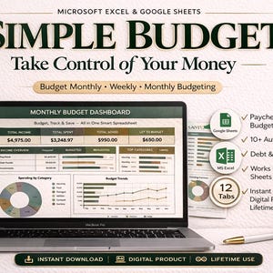 Może przedstawiać: Laptop z arkuszem kalkulacyjnym "Simple Budget" z tekstem "Take Control of Your Money". Obraz zawiera długopis, filiżankę kawy i małe rośliny. Arkusz kalkulacyjny oferuje funkcje takie jak budżetowanie wypłat i śledzenie zadłużenia.