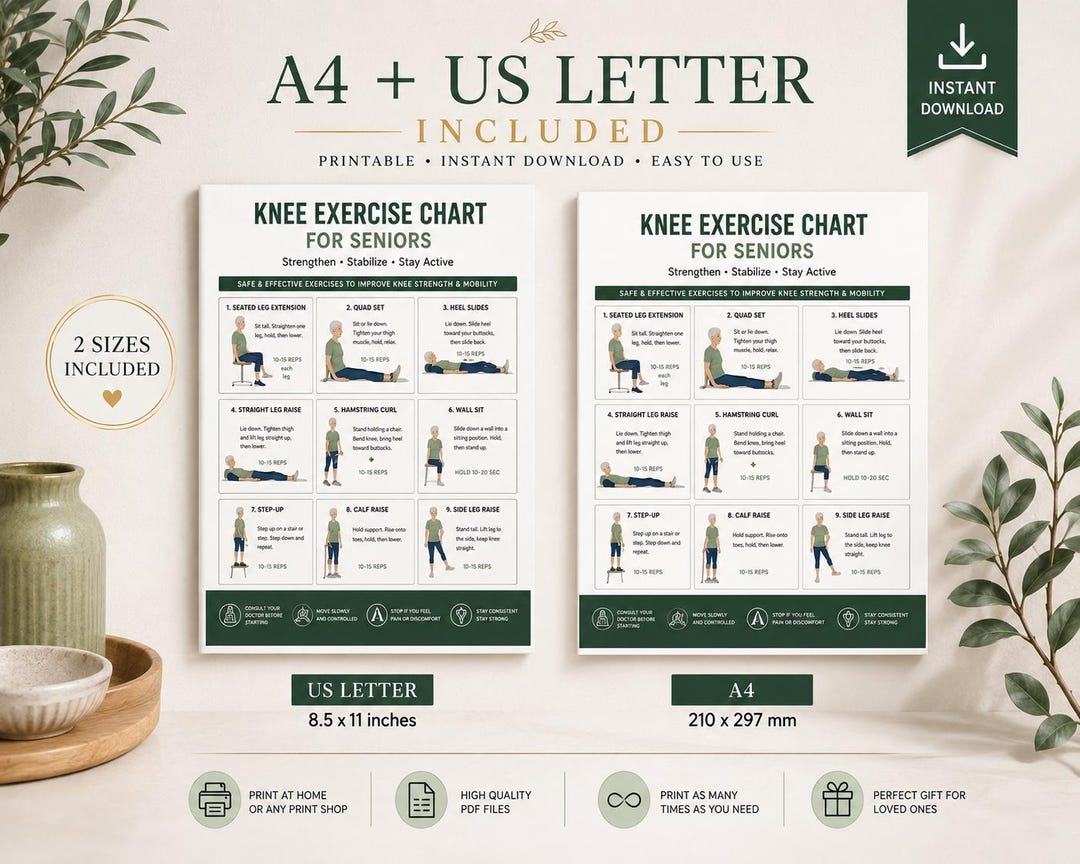Knee Exercises Chart for Seniors Printable, Gentle Knee Strengthening ...