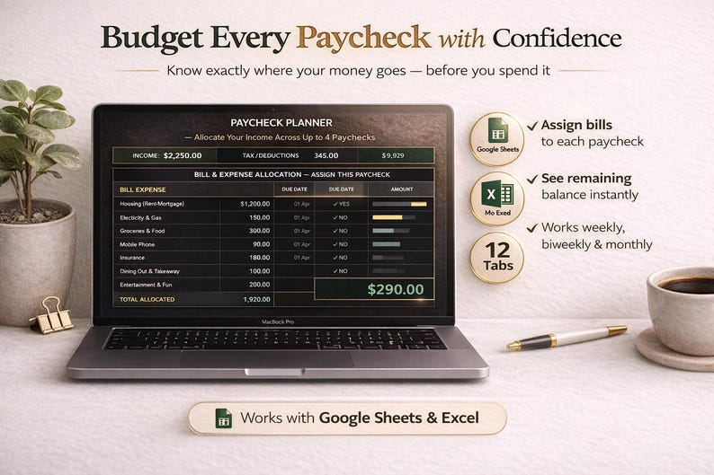 Budget Planner Excel Google Sheets Budget Spreadsheet Monthly Paycheck ...