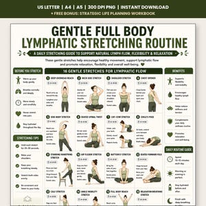 Skonsam lymfatisk stretching för hela kroppen för kvinnor, utskrivbar, 16 dagliga stretchprogram, flödesschema för flexibilitetslymf, nybörjarhälso-PDF