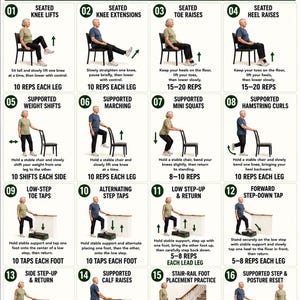 May include: An instructional poster titled STAIR PREPARATION EXERCISES FOR SENIORS featuring 16 numbered illustrations of exercises for leg strength and mobility. Each panel shows a person performing movements with a chair or step, including text instructions and repetition counts.