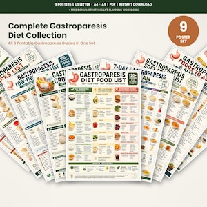 Pode incluir: Uma coleção de nove cartazes imprimíveis intitulada Complete Gastroparesis Diet Collection, apresentando listas de alimentos, planos de refeições e guias dietéticos com ilustrações de alimentos, ícones de estômago e texto num layout organizado.