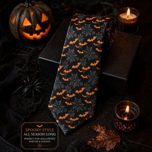 Peut inclure: Une cravate noire avec un motif répétitif de chauves-souris orange et de toiles d'araignées blanches. La cravate est présentée avec une étiquette indiquant : SPOOKY STYLE ALL SEASON LONG, PERFECT FOR HALLOWEEN PARTIES & EVENTS, et une icône.