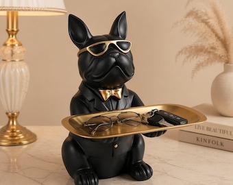 Bandeja de resina negra con diseño de bulldog francés, organizador de entrada para amantes de los perros, con detalles dorados.