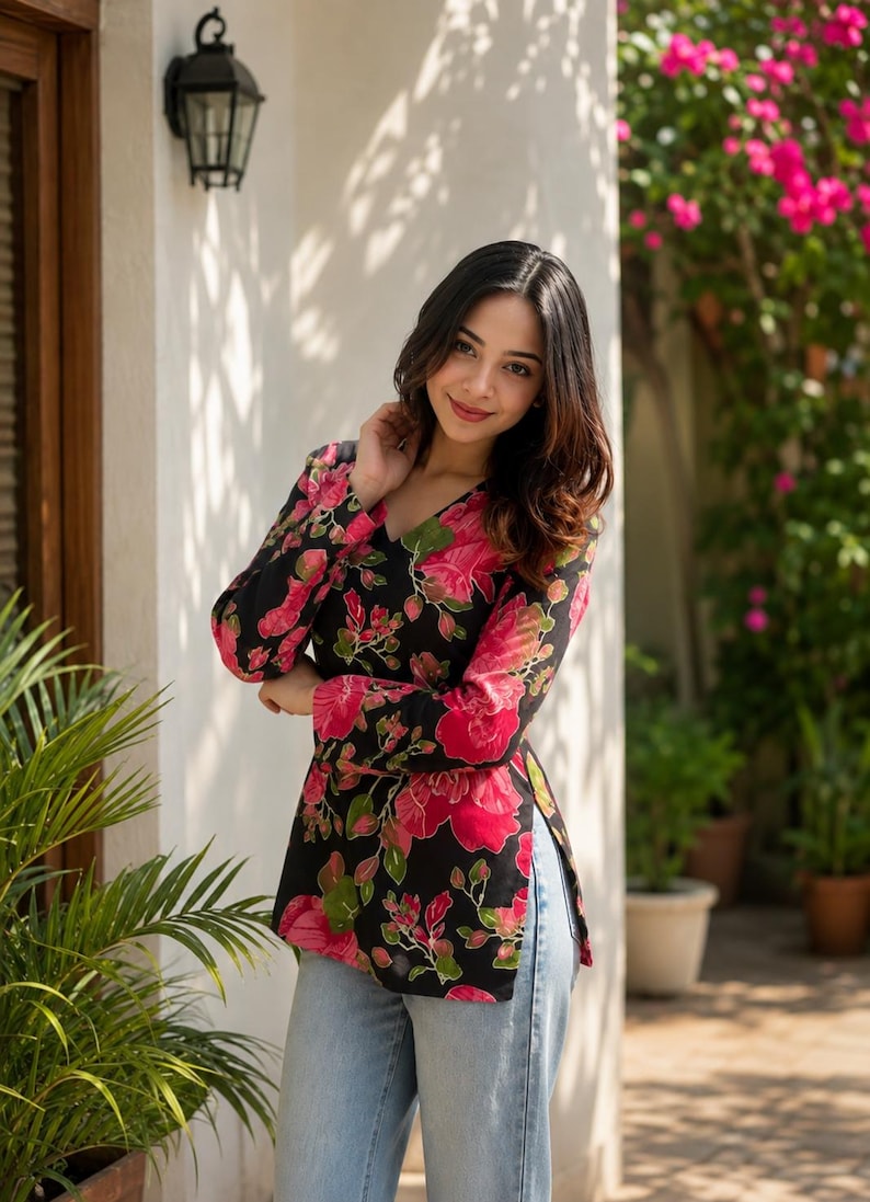 May include: Black long-sleeve top with a V-neck and a vibrant floral pattern in shades of pink and green. The top is paired with light blue denim jeans. The floral print is a prominent feature of the garment.