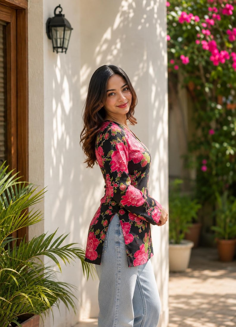 May include: A black top with a vibrant pink floral pattern. The long-sleeved top has a V-neck and side slits, paired with light blue jeans. The image is taken outdoors, with a white wall and greenery in the background.