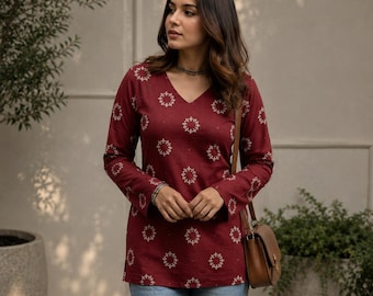 Red tone Rayon Short Kurti | White Chakri Print Ethnic Tunic Top for Women