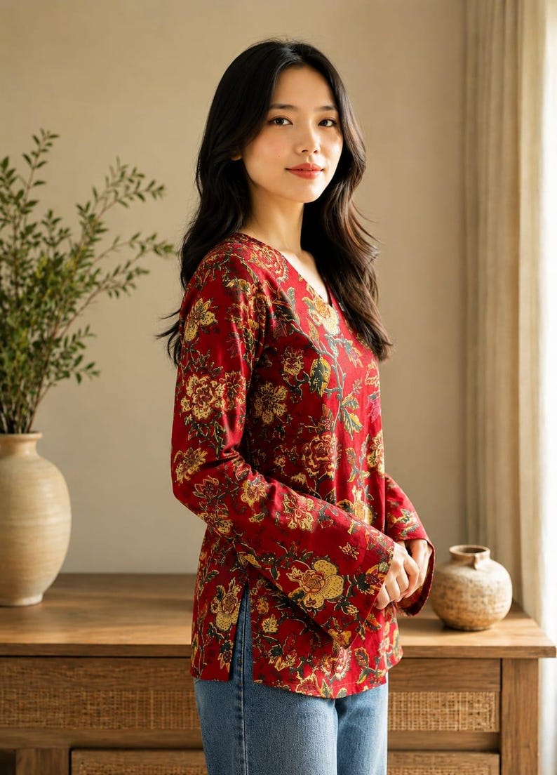 May include: A long-sleeved, red blouse with a V-neck and a floral pattern in yellow and green. The blouse is paired with blue jeans. The image is taken indoors, with a wooden table and a vase in the background.