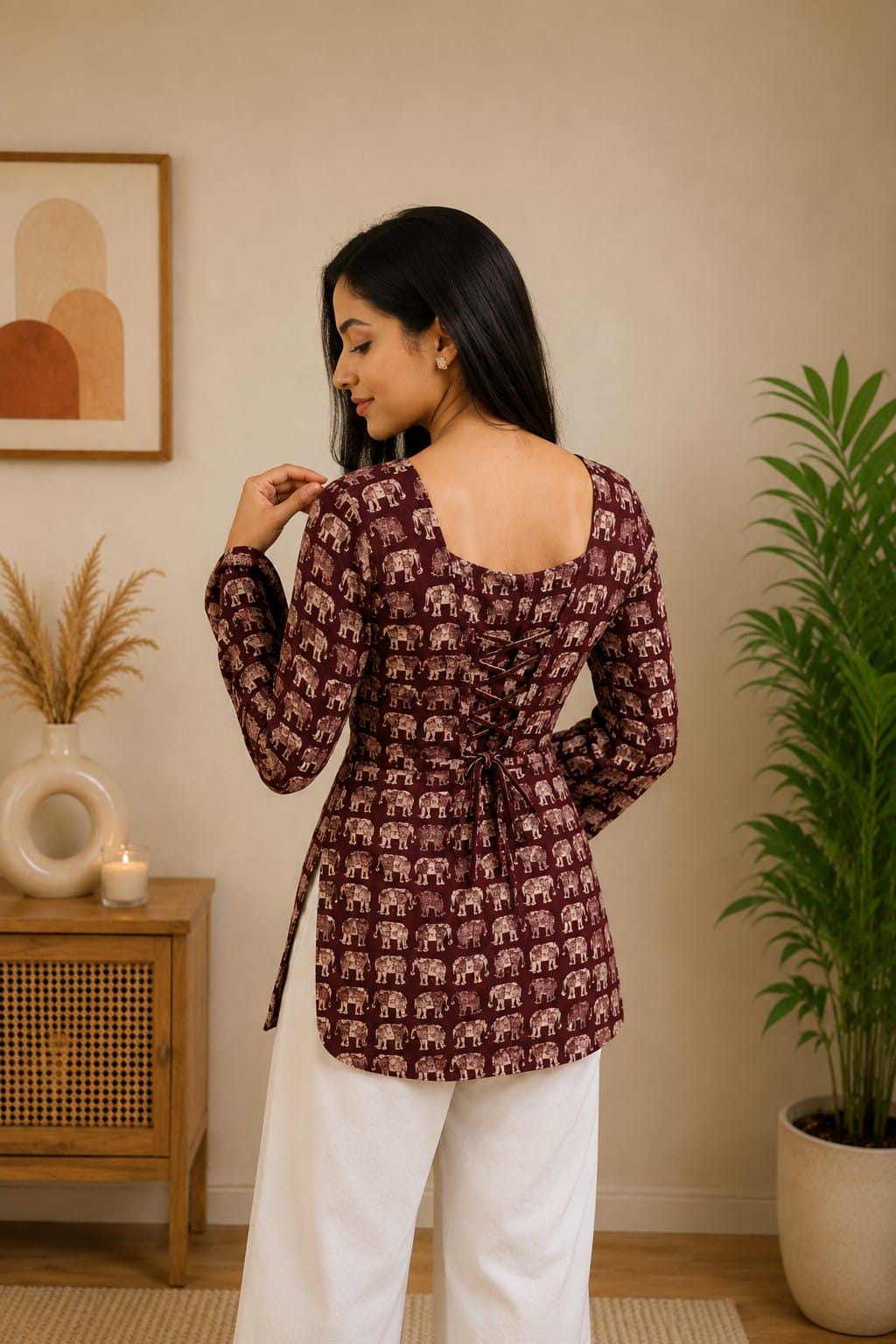 Maroon nd Red Elephant Print, Square Neck, Long Bell Sleeves, Back Lace-Up Cotton Short Kurti for Women