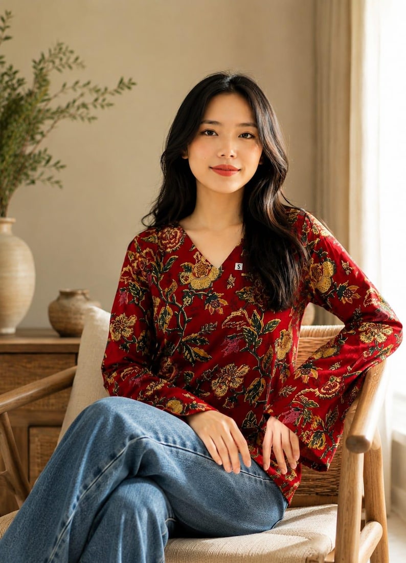 May include: A red floral print blouse with a V-neck and long sleeves. The blouse features a pattern of yellow and green flowers and leaves. The model is wearing blue jeans. The blouse has a small white tag with a black "S" on it.