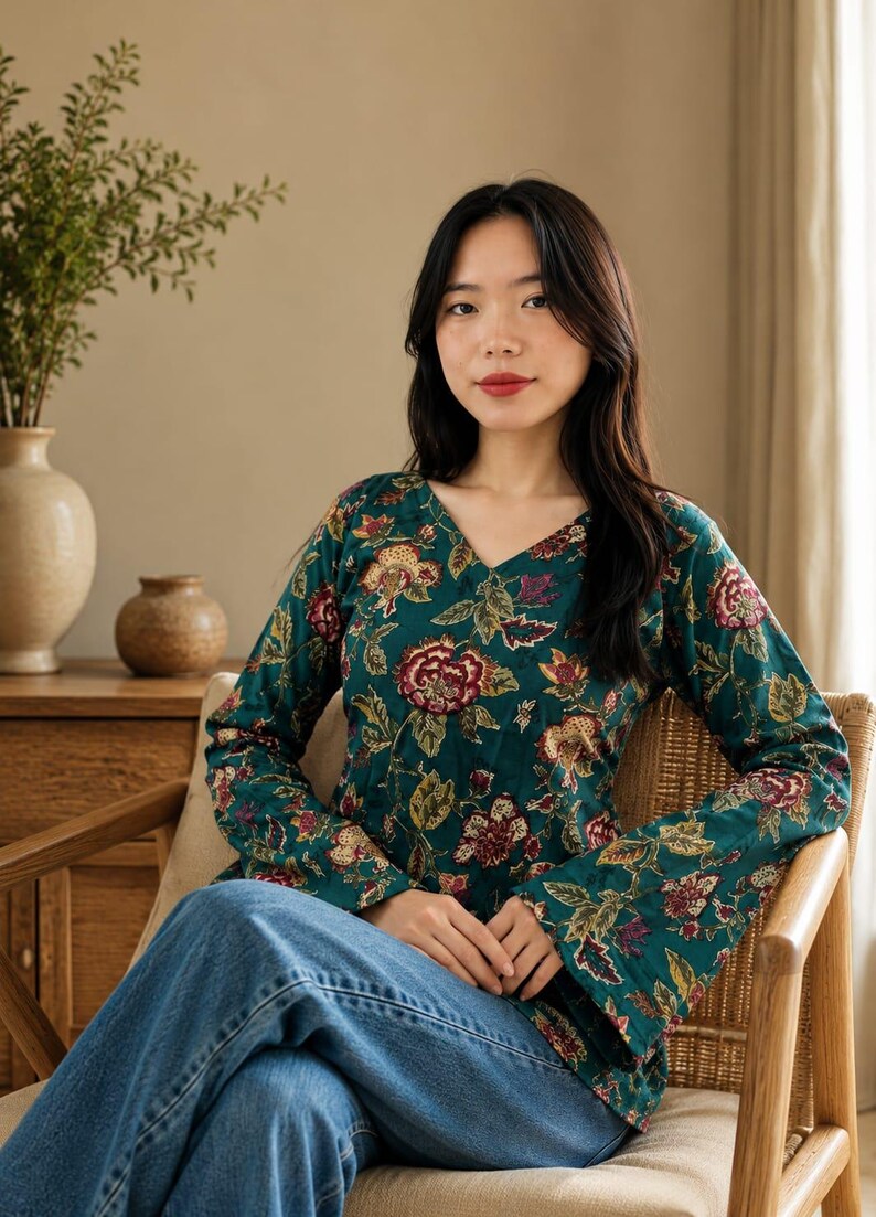 May include: A long-sleeved, teal blouse with a V-neck and a floral pattern in red, yellow, and brown. The blouse is paired with blue jeans. The model is seated in a wooden chair.