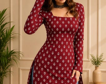 Wine Maroon and Red Combination Dark Brown Colour with White Small Floral Buti |Straight Not Peplum Square Neck ,Full Sleeve Top for Women