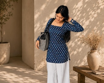 Block Print Handmade Kurti | Square Neck | Full Sleeve | Blue not Dark Blue | Stylish Ethnic Top | Short Kurti for Women