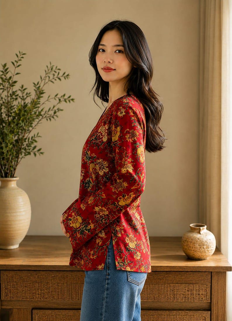 May include: A red floral print top with long sleeves and a V-neck. The top features a pattern of yellow and gold flowers. The person is wearing blue jeans. The background includes a wooden cabinet and a vase with greenery.