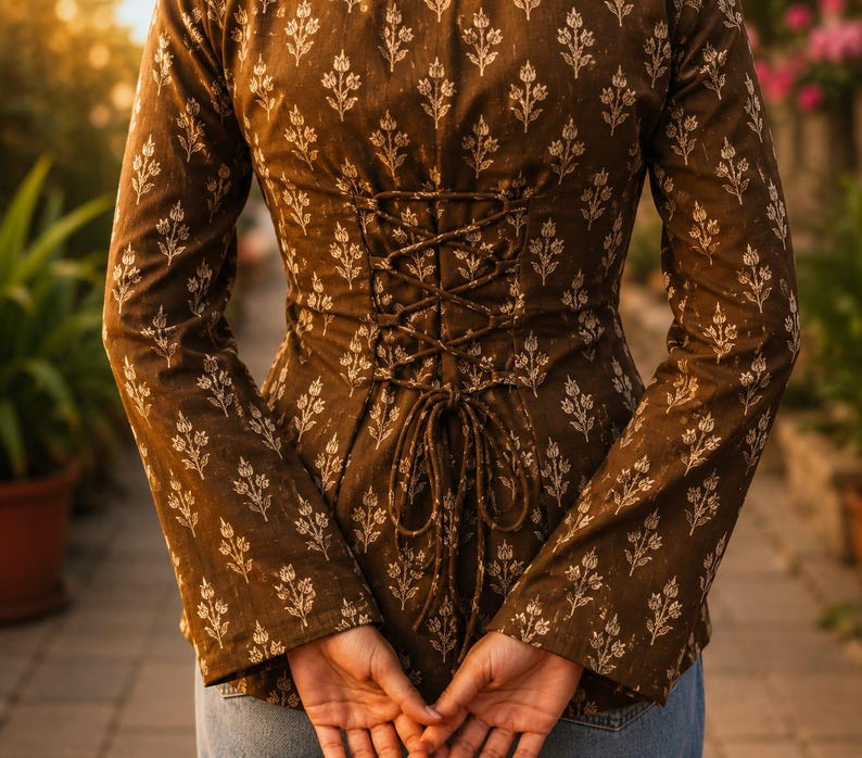 Puede incluir: Top marr&oacute;n de manga larga con estampado floral y espalda con cordones estilo cors&eacute;. El top presenta un cuello alto y mangas acampanadas. El dise&ntilde;o floral es de un tono m&aacute;s claro, creando contraste.