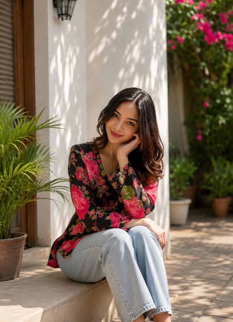 May include: A floral print blazer with a black background and large pink flowers. The long-sleeved jacket is paired with light blue jeans. The model is sitting outdoors near a potted plant and a wall.