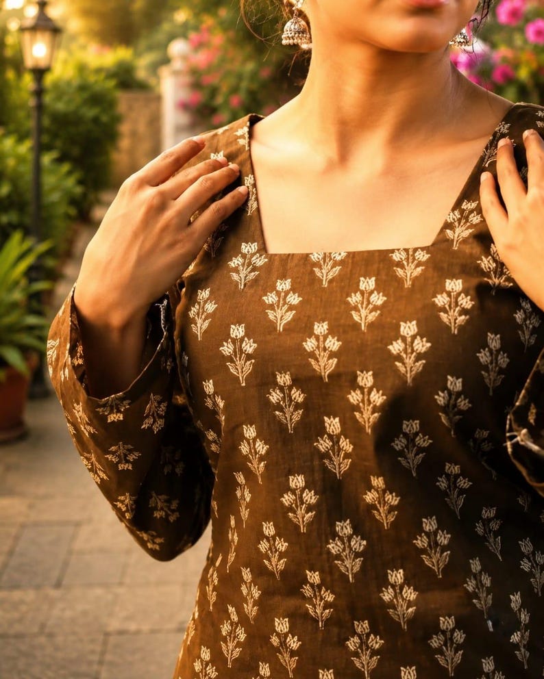 Puede incluir: Top marr&oacute;n de manga larga con cuello cuadrado. La tela est&aacute; decorada con un estampado floral blanco repetido. La prenda parece estar hecha de un material ligero, adecuado para climas c&aacute;lidos.