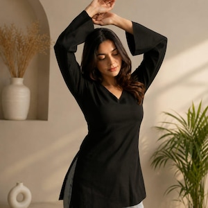 Kurti-tops met V-hals en lange mouwen voor dames | Stijlvolle kurtis en korte kurtis voor vrouwen | Casual kurti met jeans | Kurtas voor vrouwen