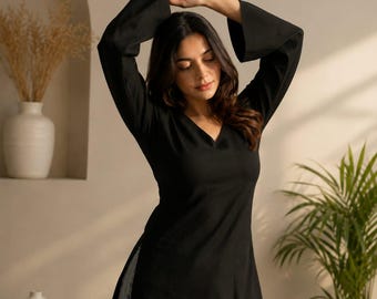 Kurtis de manga larga con cuello en V para mujer / Kurtis elegantes y Kurtis cortos para mujer / Kurti casual con jeans / Kurtas para mujer