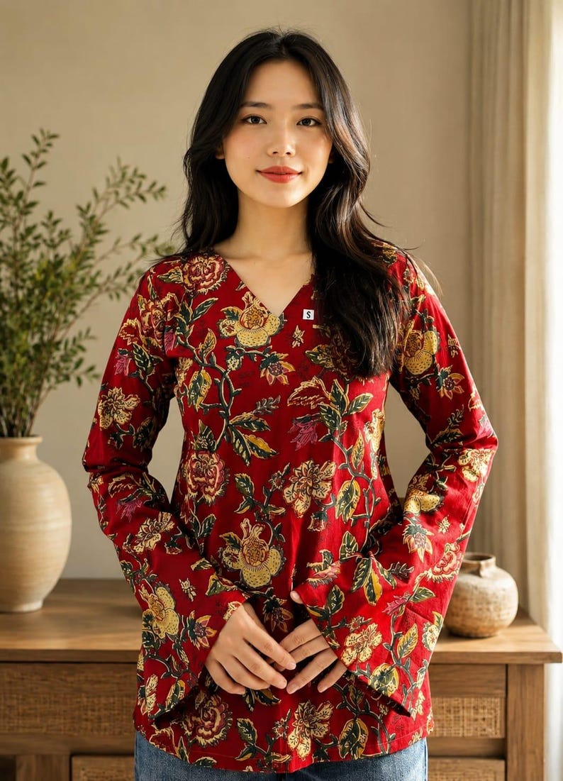 May include: A long-sleeved, V-neck blouse in a vibrant red hue, adorned with a floral pattern in yellow, green, and brown. The blouse features a small 'S' tag and is made of a soft, flowing fabric. The floral design creates a classic, feminine look.