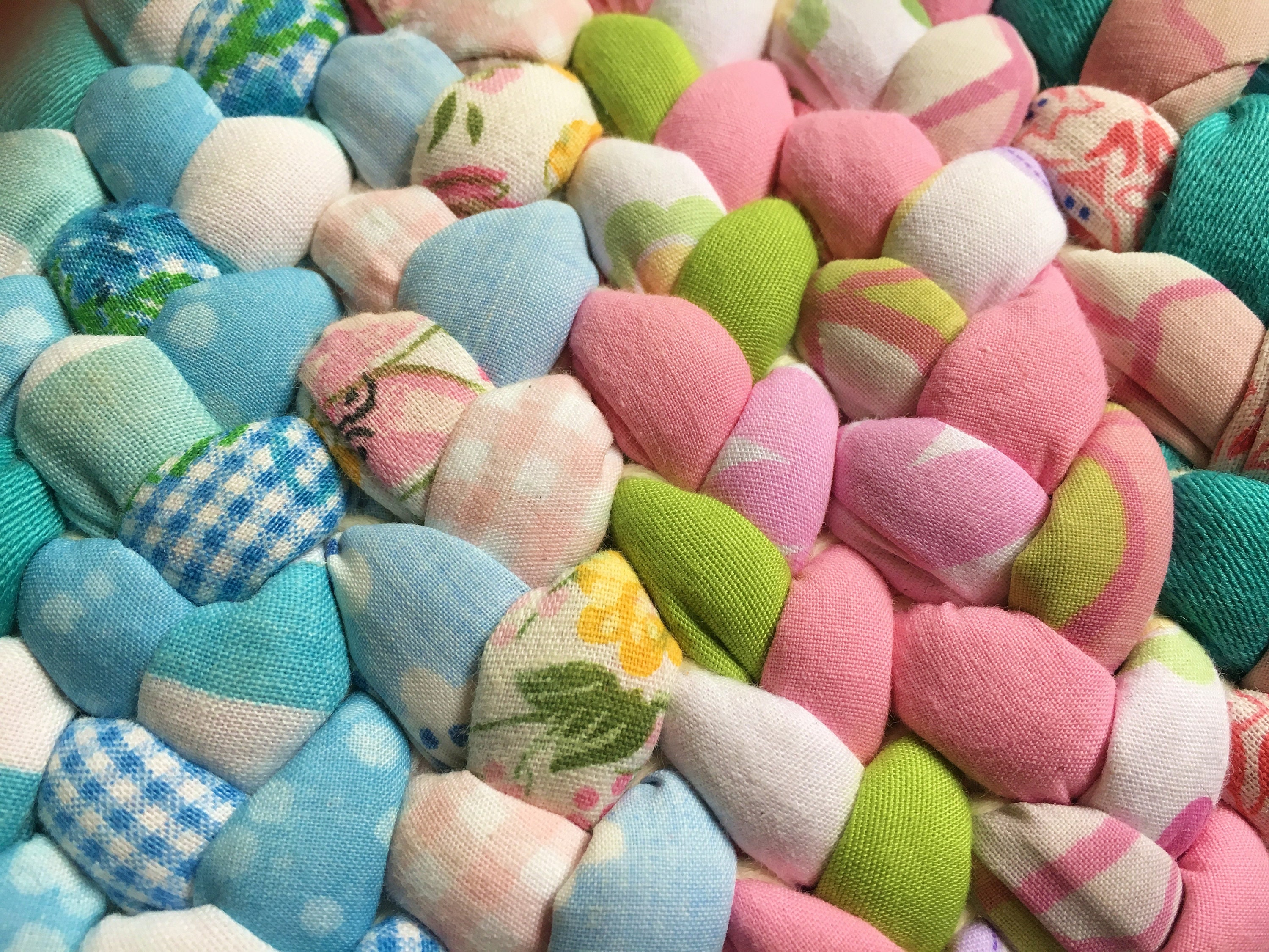 Hand Made Braided Oval Rug, Floor Covering in Pink and Aqua Blue