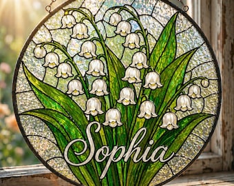 Lily of the Valley Suncatcher, Personalized Birth Flower Suncatcher, May Birth Month Flower, Stained Glass Style Window Hanging