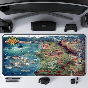 May include: A rectangular gaming mousepad featuring a detailed map of a fantasy world with the text "Northern Realms". The map depicts a coastal region with mountains, forests, and castles. The mousepad is surrounded by gaming accessories.