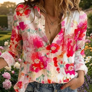 Puede incluir: Una camisa de manga larga con botones y un estampado floral vibrante con patrones de pinceladas en tonos rosa brillante, rojo, naranja y verde suave sobre un fondo blanco, con cuello clásico y mangas remangadas sobre pantalones vaqueros azules.