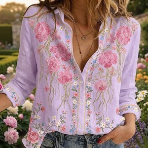 Puede incluir: Una camisa abotonada de color morado claro con mangas largas y un patrón floral bordado en tonos rosa, blanco y azul. El diseño incluye motivos de flores grandes de color rosa en el pecho y detalles florales más pequeños en el dobladillo y puños.