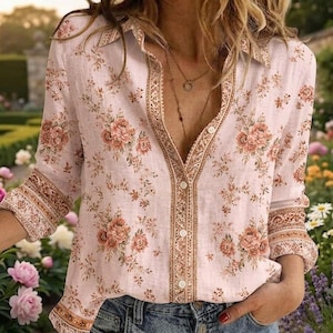 May include: A long-sleeved button-down shirt in a light pink hue featuring a repeating floral pattern in shades of brown and tan. The garment includes a pointed collar, a vertical placket with white buttons, and decorative brown patterned trim.