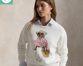 Authentisch Ralph Lauren Weißer Polo Bär Pullover | Klassischer Bestickter Pullover