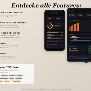 May include: A digital finance dashboard interface displayed on a smartphone and a tablet, featuring dark mode, financial charts, budget tracking, and expense categories. The text includes 'Entdecke alle Features', 'FinanzOS', and 'Alles in einer HTML-Datei'.