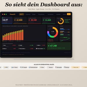 May include: A digital financial dashboard interface titled FinanzOS displayed on a screen. The dark mode layout features a bar chart, a circular spending graph, and various financial metrics in Euros. Below, a list of features includes text like ALLES IN EINER HTML-DATEI, Dark Mode, PIN, 6+ Charts, CSV-Import, Wiederkehrend, Paar, Steuern, Jahresplan, Backup, Kein Abo, and Sofort-Download.