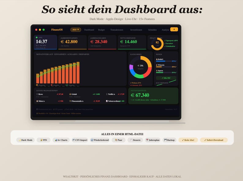 May include: A digital financial dashboard interface titled FinanzOS displayed on a screen. The dark mode layout features a bar chart, a circular spending graph, and various financial metrics in Euros. Below, a list of features includes text like ALLES IN EINER HTML-DATEI, Dark Mode, PIN, 6+ Charts, CSV-Import, Wiederkehrend, Paar, Steuern, Jahresplan, Backup, Kein Abo, and Sofort-Download.