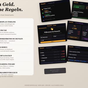 May include: A digital financial management software interface displayed on a light background. The layout features a list of features including a timeline, tax tab, recurring bookings, pair mode, export options, and a multi-year comparison tool.