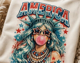 America 4th July PNG Design, Preppy Brushstroke Statue of Liberty Blowing Bubble , USA png, Girly PNG