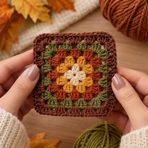 May include: A square crochet granny square featuring a multi-colored pattern with a cream center, followed by layers of golden yellow, burnt orange, olive green, and a dark brown border. The yarn work displays a textured, repeating stitch design.