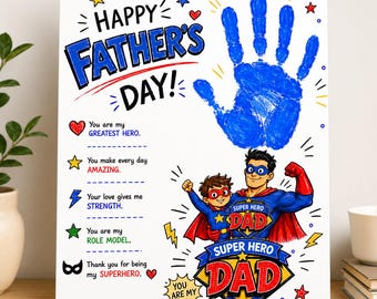 Father’s Day Super Dad Handprint Craft Printable, Kids Superhero Keepsake, DIY Gift Template for Preschoolers