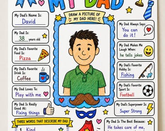 All About My Dad | Fathers Day Printable Gift |  Kids Fill In The Blank Worksheet | Dad Coloring Page Craft  (PDF DOWNLOAD)