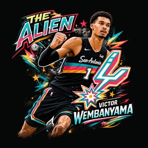 Könnte beinhalten: Grafik von Victor Wembanyama im Trikot der San Antonio Spurs, Nummer 1. Das Bild zeigt den Text "THE ALIEN" und "VICTOR WEMBANYAMA" in einem dynamischen, farbenfrohen Design mit Sternen und Sternen auf schwarzem Hintergrund.