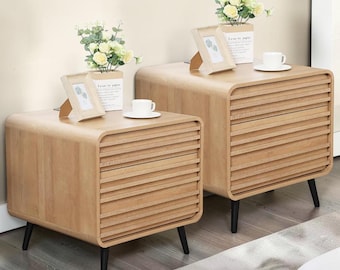 Luxury Fluted Nightstand Set of 2 with Charging Ports Wooden End Table Bedroom