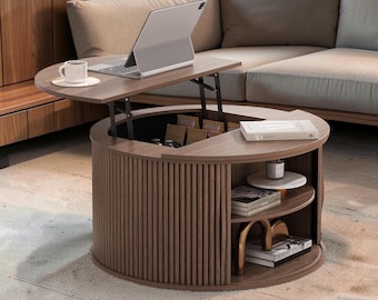Luxury Fluted Drum Coffee Table Round Lift Top Hidden Storage Wood Table