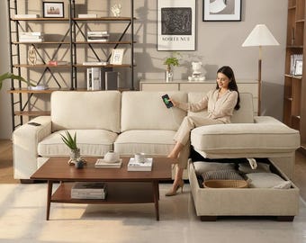 Luxury Chenille Sectional Couch with Storage Chaise and USB-C Ports