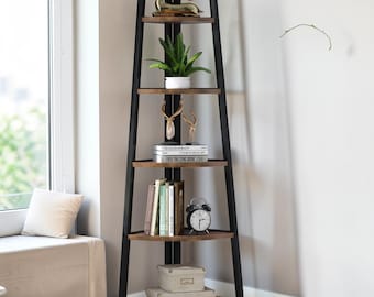 Modern 5-Tier Corner Bookshelf | Wood and Metal Storage Unit