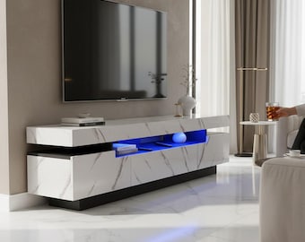 Modern High Gloss TV Stand | Marbled Wood Grain Entertainment Center, Minimalist Media Unit