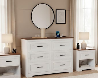 Modern Farmhouse 6-Drawer Dresser | Rustic White Wood Storage Cabinet (Built-in Charging)
